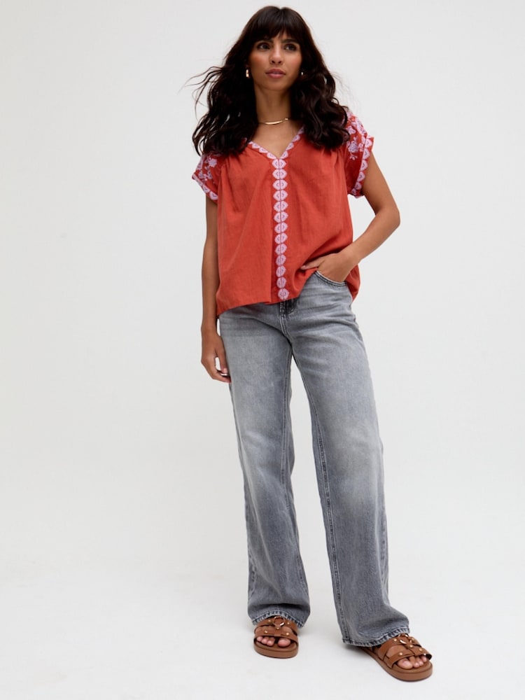 Raffya Red Alice V-Neck Embroidered Blouse - Image 5 of 5