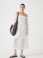 Hush White Broderie Off Shoulder Midi 100% Cotton Dress - Image 1 of 5