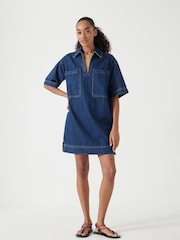 Hush Blue Alma Denim Contrast 100% Cotton T-Shirt Dress - Image 1 of 5