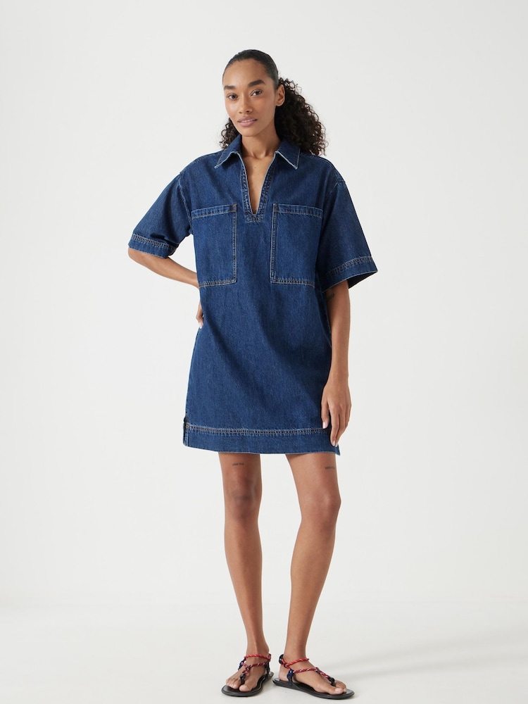 Hush Blue Alma Denim Contrast 100% Cotton T-Shirt Dress - Image 1 of 5