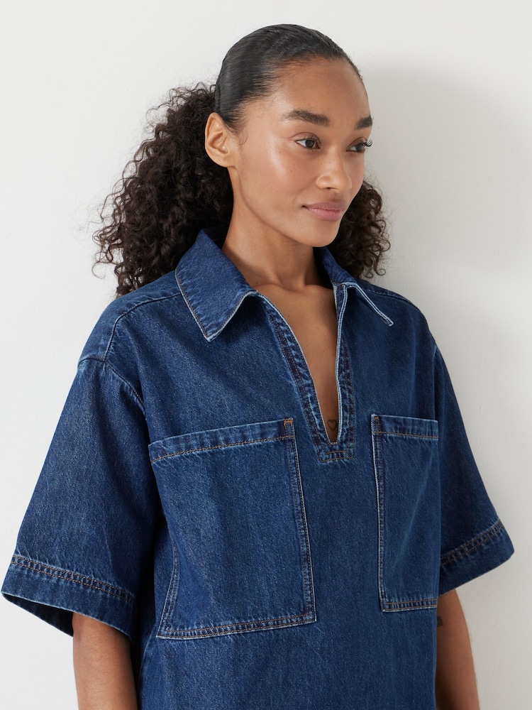 Hush Blue Alma Denim Contrast 100% Cotton T-Shirt Dress - Image 2 of 5