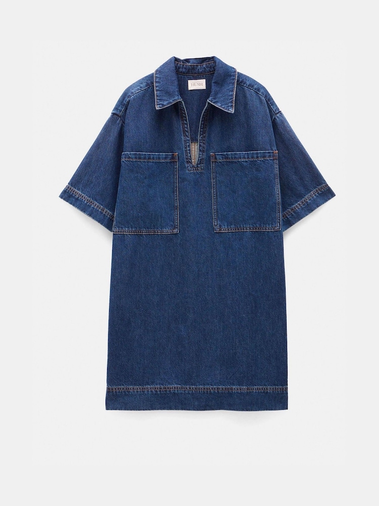 Hush Blue Alma Denim Contrast 100% Cotton T-Shirt Dress - Image 5 of 5