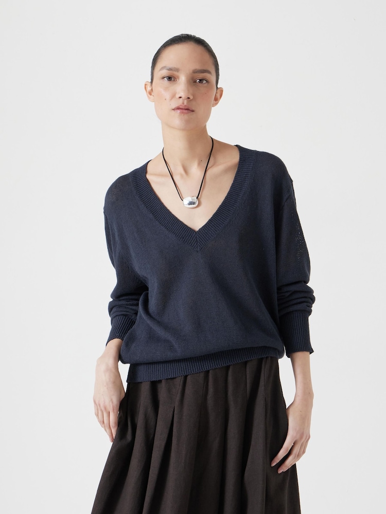 Hush Blue Linen Blend V-Neck Jumper - Image 1 of 7