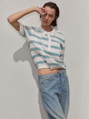 Hush White Sequin Stripe Knitted 100% Cotton Polo Shirt - Image 1 of 6