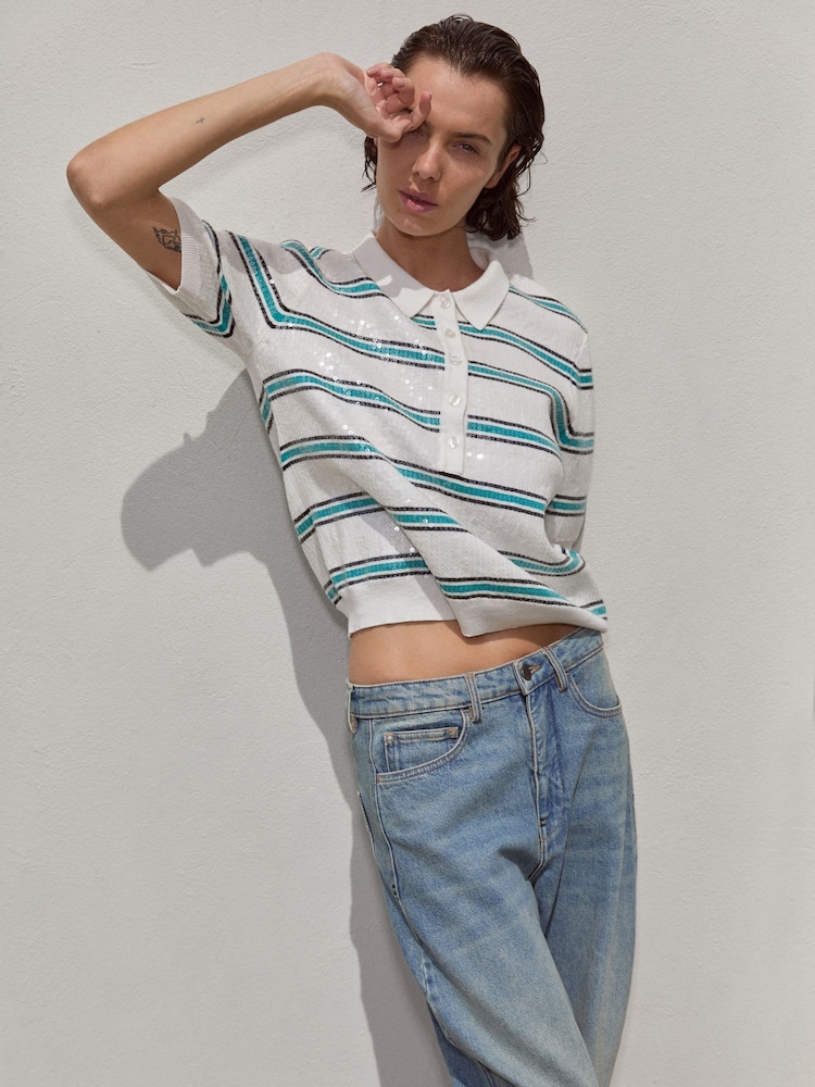 Hush White Sequin Stripe Knitted Polo Shirt - Image 1 of 6 Hush White Sequin Stripe Knitted Polo Shirt - Image 1 of 6