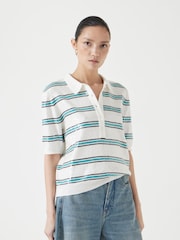 Hush White Sequin Stripe Knitted 100% Cotton Polo Shirt - Image 2 of 6