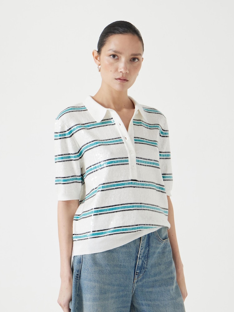 Hush White Sequin Stripe Knitted Polo Shirt - Image 2 of 6 Hush White Sequin Stripe Knitted Polo Shirt - Image 2 of 6