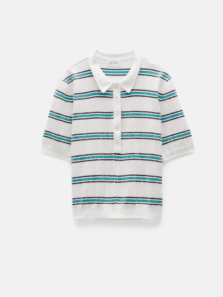 Hush White Sequin Stripe Knitted 100% Cotton Polo Shirt - Image 6 of 6