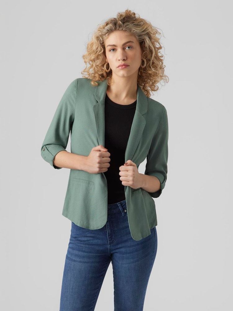 VERO MODA Green Linen Blend 3/4 Sleeve Jacket - Image 1 of 4