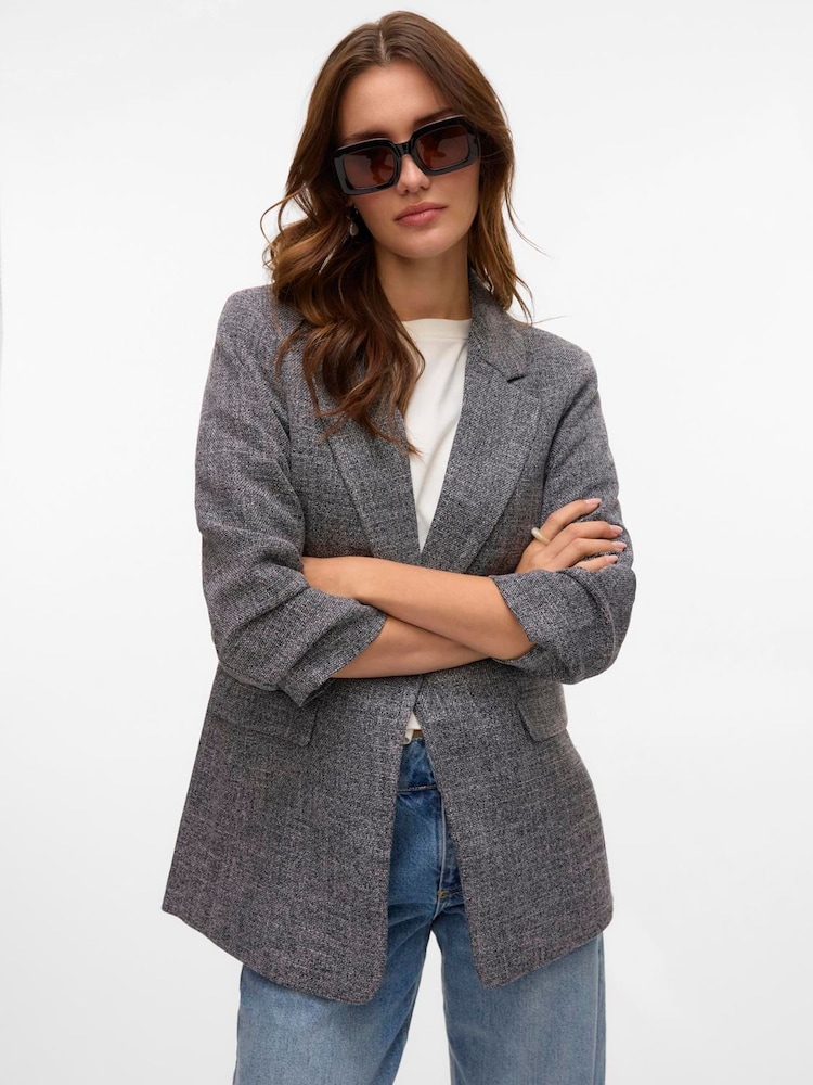 VERO MODA Grey Textured Ruched Sleeve Jacket - Image 1 of 5