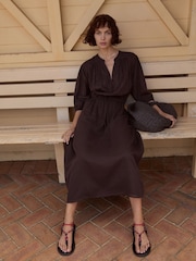 Hush Brown Front Bow Linen Blend Maxi Shirt Dress - Image 1 of 7