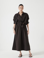 Hush Brown Front Bow Linen Blend Maxi Shirt Dress - Image 2 of 7