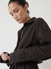 Hush Brown Front Bow Linen Blend Maxi Shirt Dress - Image 3 of 7