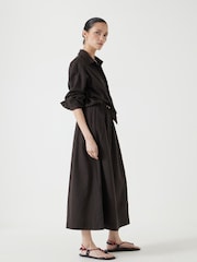 Hush Brown Front Bow Linen Blend Maxi Shirt Dress - Image 4 of 7