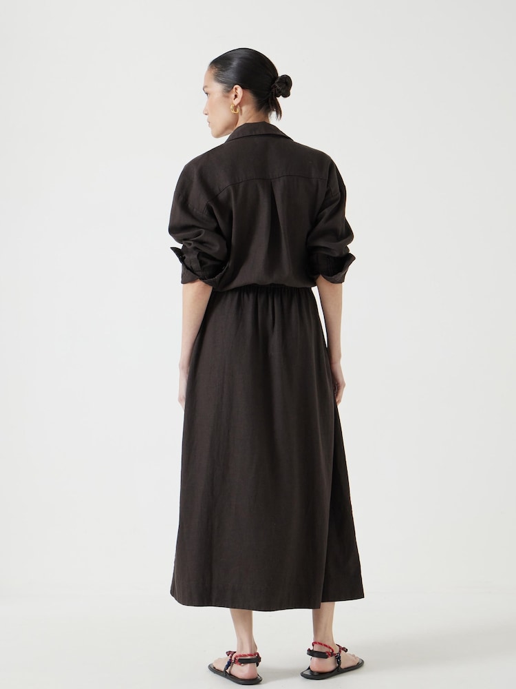 Hush Brown Front Bow Linen Blend Maxi Shirt Dress - Image 4 of 6