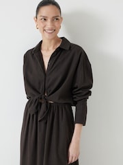 Hush Brown Front Bow Linen Blend Maxi Shirt Dress - Image 6 of 7
