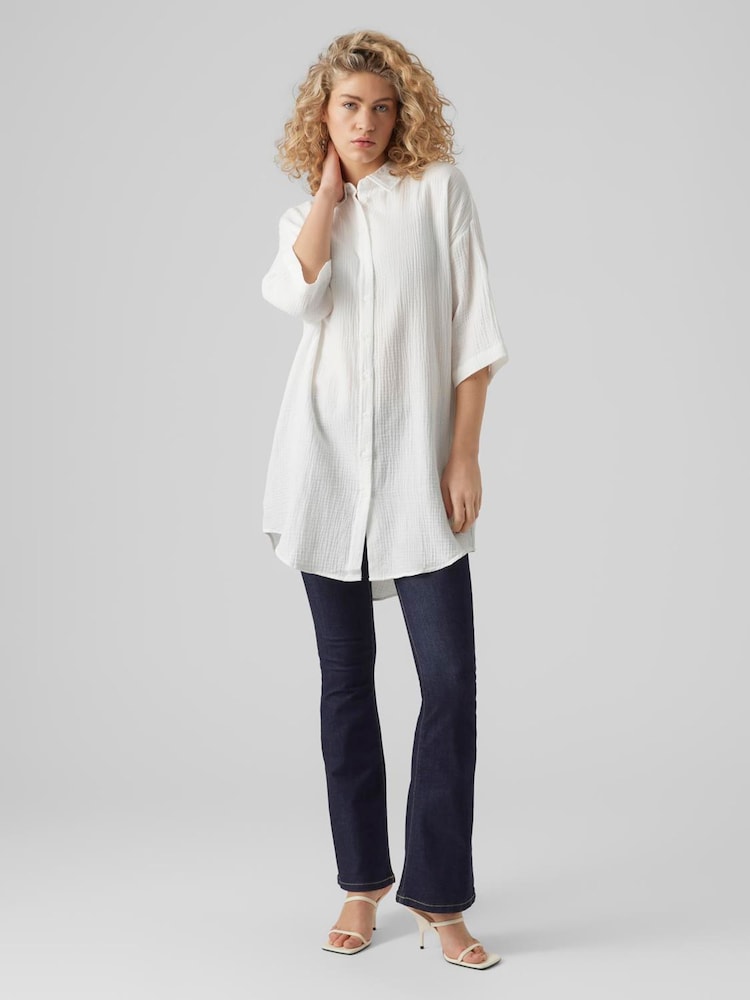 VERO MODA White Longline Textured 100% Cotton Shirt - Image 2 of 4