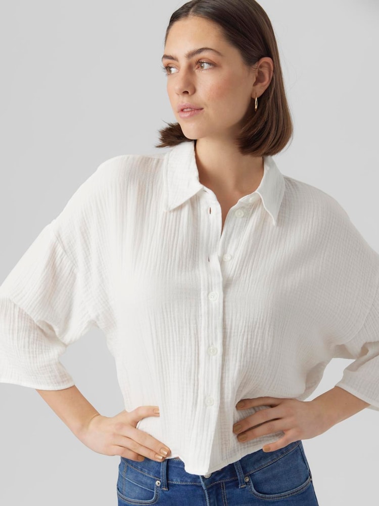 VERO MODA White Textured Cropped 100% Cotton Shirt - Image 1 of 4