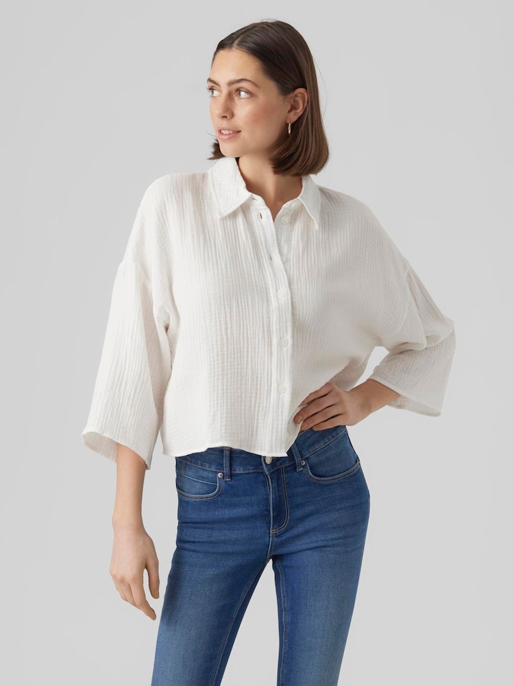 VERO MODA White Textured Cropped 100% Cotton Shirt - Image 2 of 4