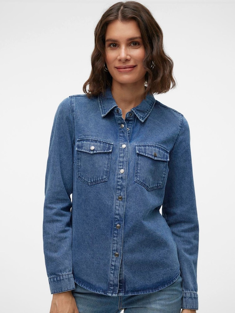 VERO MODA Blue Long Sleeve Denim Shirt - Image 1 of 6