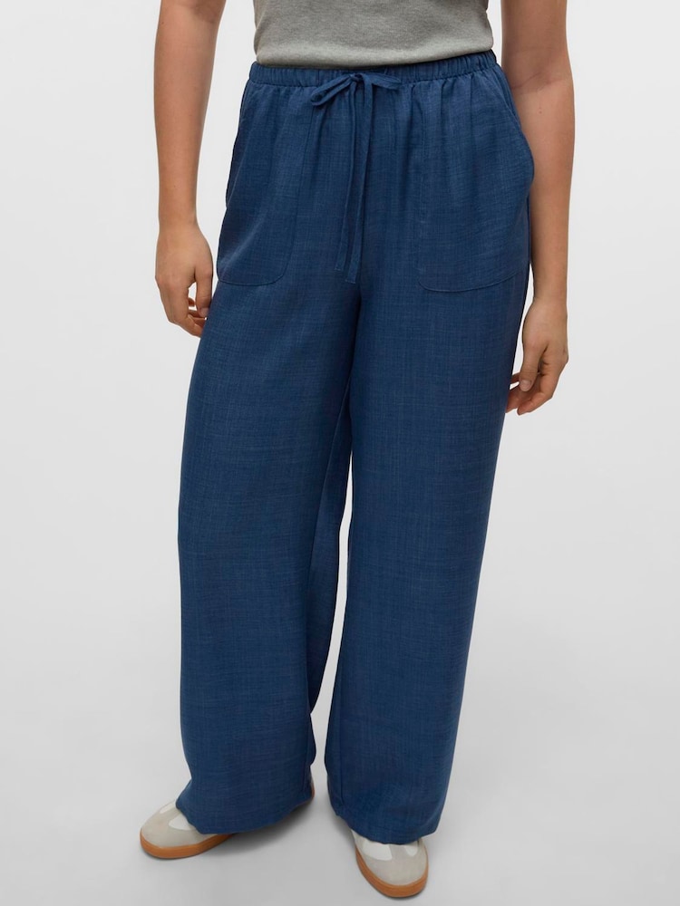 VERO MODA Blue Lightweight Tie Waist Wide Leg Trousers - Image 1 of 5