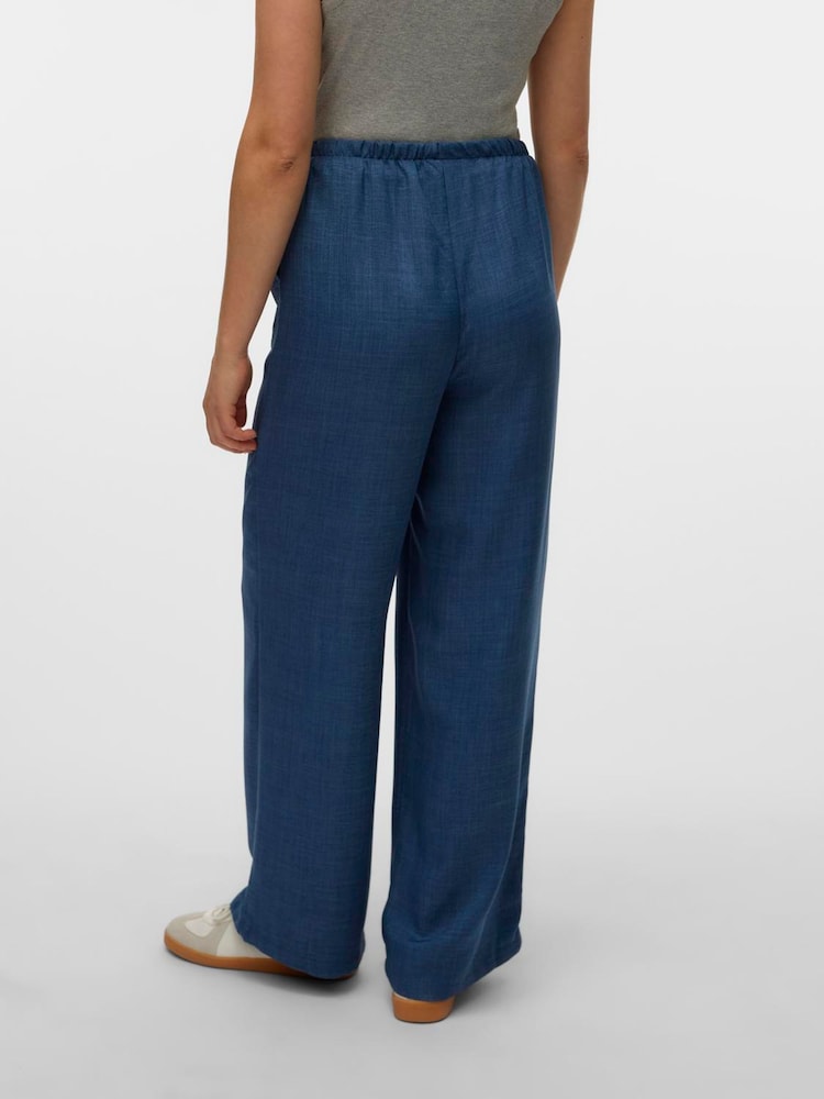 VERO MODA Blue Lightweight Tie Waist Wide Leg Trousers - Image 2 of 5
