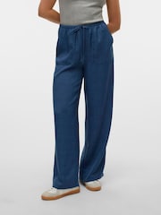 VERO MODA Blue Lightweight Tie Waist Wide Leg Trousers - Image 3 of 5