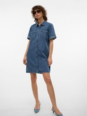 VERO MODA Blue Short Sleeve Button Down Denim Dress - Image 1 of 6