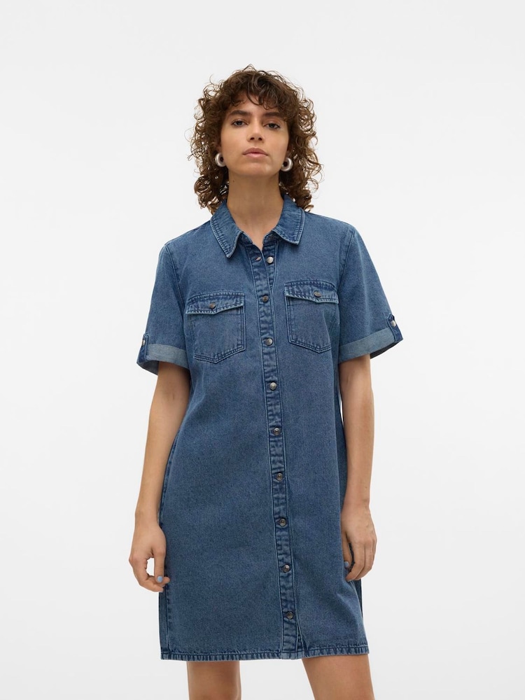 VERO MODA Blue Short Sleeve Button Down Denim Dress - Image 2 of 6