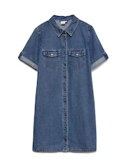 VERO MODA Blue Short Sleeve Button Down Denim Dress - Image 5 of 6