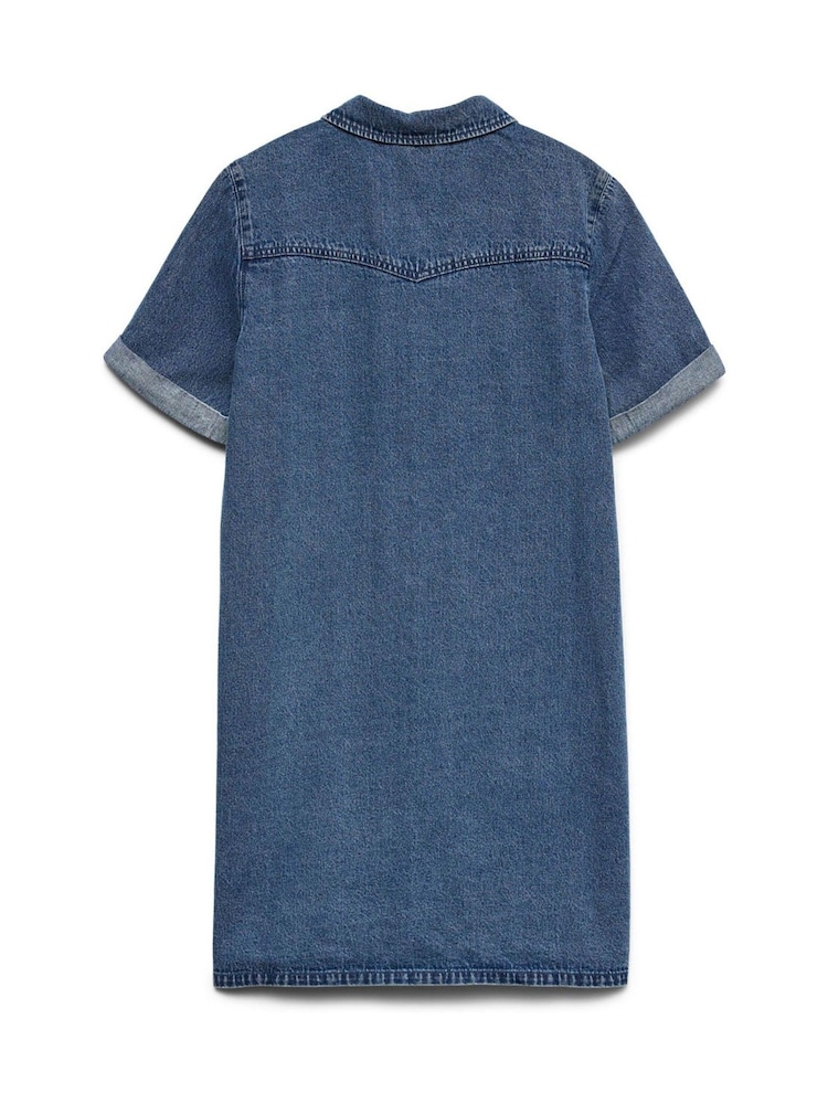 VERO MODA Blue Short Sleeve Button Down Denim Dress - Image 6 of 6