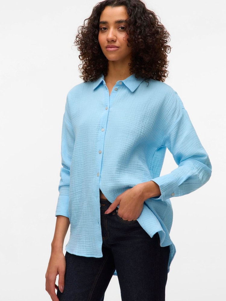 VERO MODA Blue Textured Long Sleeve 100% Cotton Shirt - Image 1 of 4
