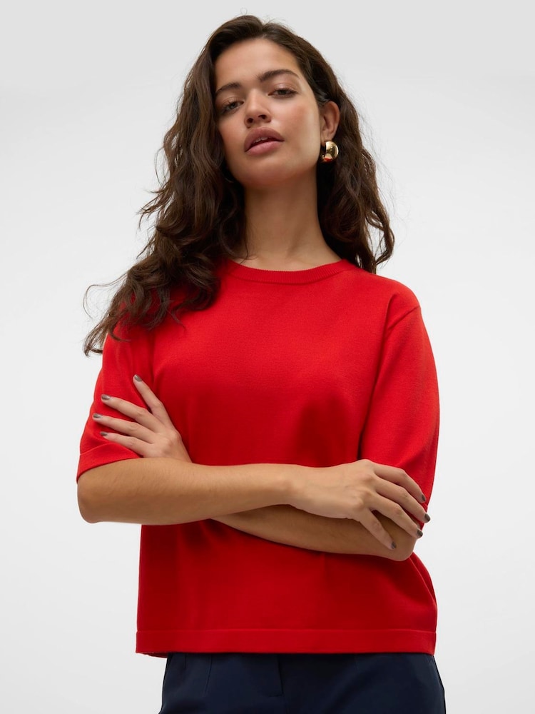 VERO MODA Red Half Sleeve Round Neck Knitted Top - Image 1 of 4