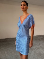 Never Fully Dressed Blue Jacquard Mini Thea Dress - Image 1 of 8