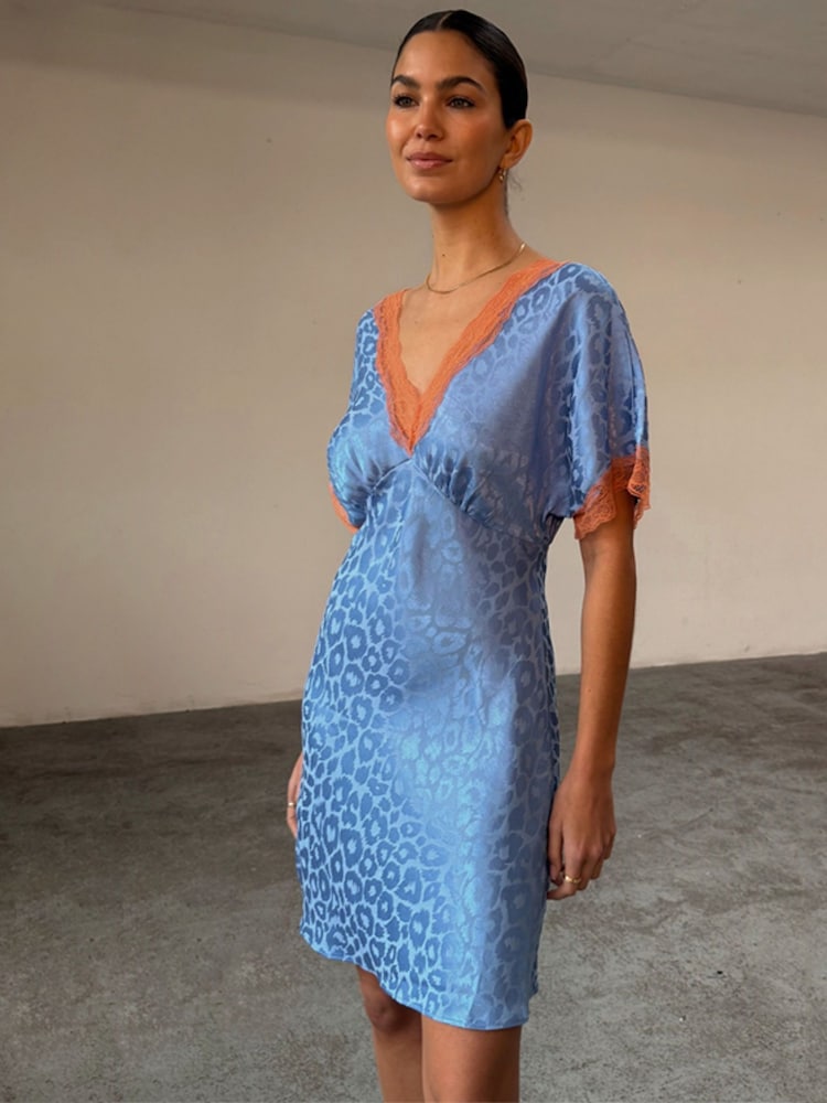 Never Fully Dressed Blue Jacquard Mini Thea Dress - Image 1 of 8