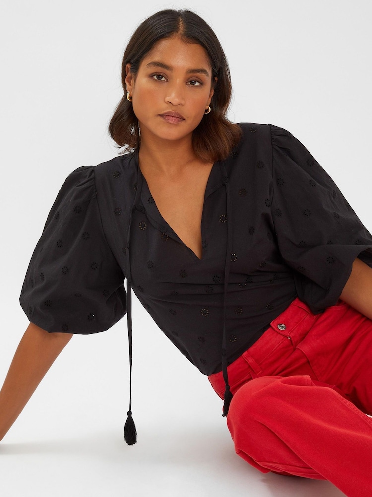 Accessorize Black Puff Sleeve 100% Cotton Blouse - Image 1 of 4 Accessorize Black Puff Sleeve 100% Cotton Blouse - Image 1 of 4