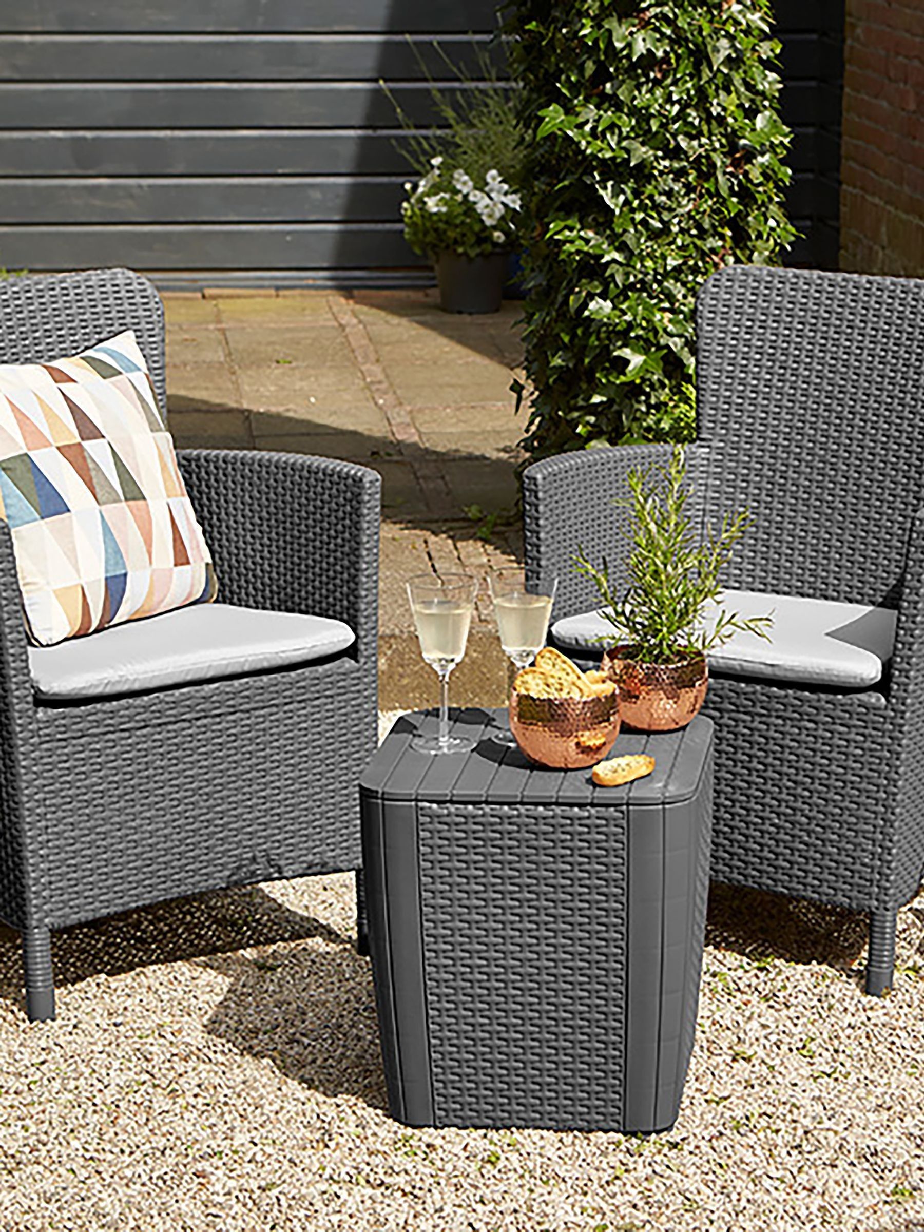 Keter Miami Balcony Set - Vigo Graphite Bistro Set - Grey - 2 Chairs & Storage Table - Image 3