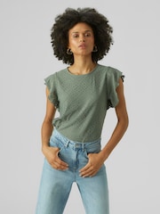 VERO MODA Green Broderie Short Sleeve T-Shirt - Image 1 of 4