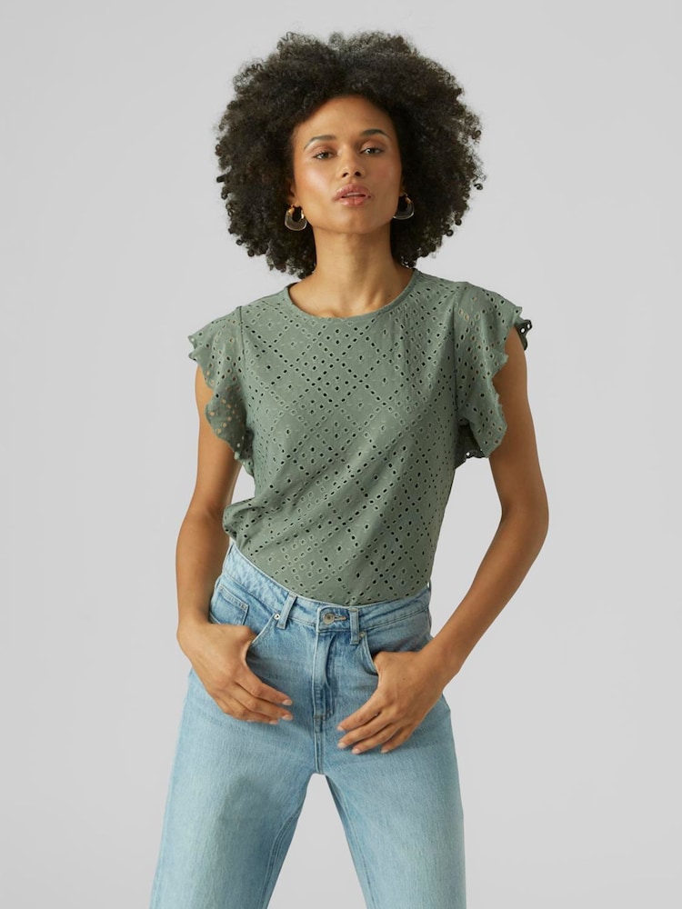 VERO MODA Green Broderie Short Sleeve T-Shirt - Image 1 of 4