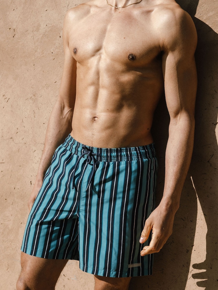 Chelsea Peers Blue Stripe Print Swim Shorts - Image 2 of 5 Chelsea Peers Blue Stripe Print Swim Shorts - Image 2 of 5
