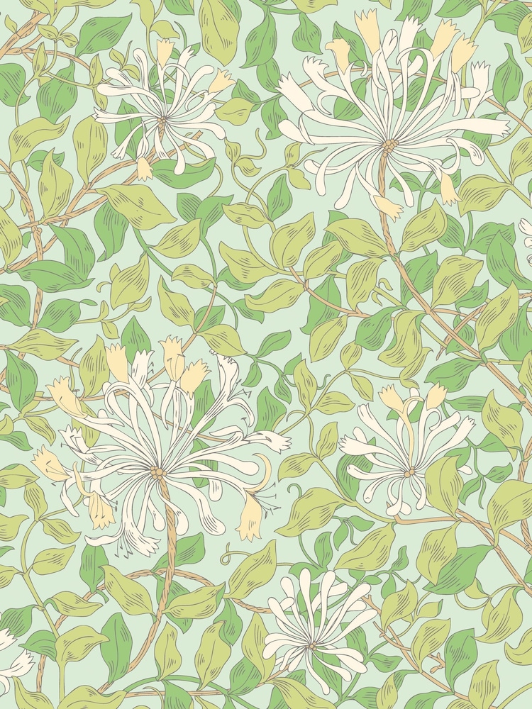 Hoopla Walls Duckegg Blue Honeysuckle Leaf Trail A4 Wallpaper Sample - Image 1 of 1 Hoopla Walls Duckegg Blue Honeysuckle Leaf Trail A4 Wallpaper Sample - Image 1 of 1