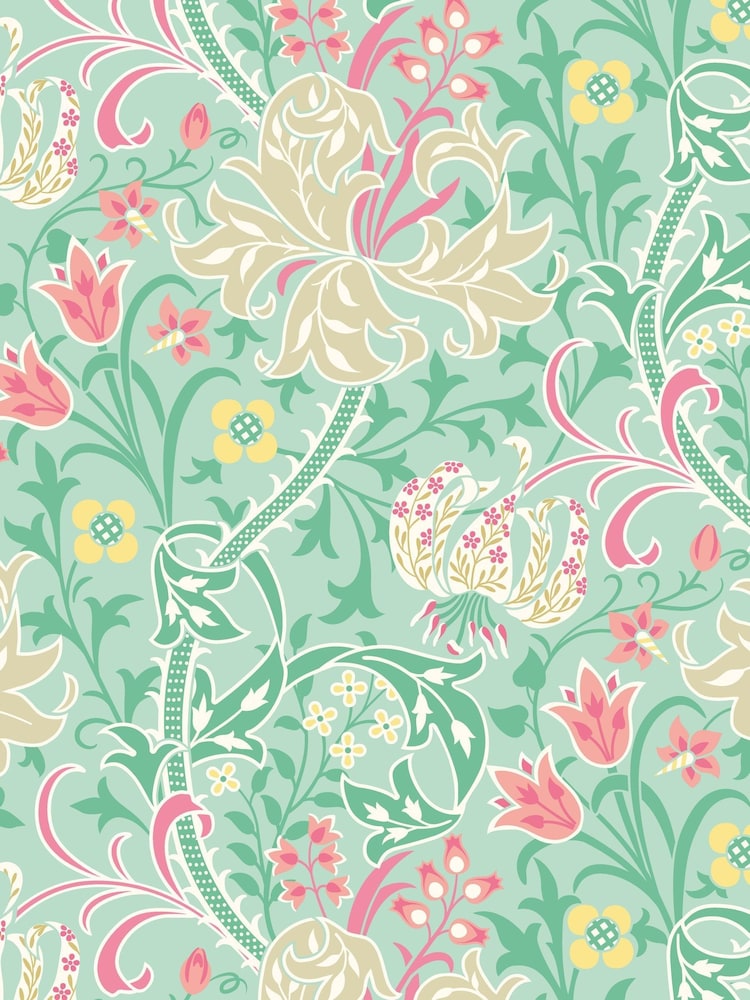 Hoopla Walls Mint Green Lily Ogee A4 Wallpaper Sample - Image 1 of 1 Hoopla Walls Mint Green Lily Ogee A4 Wallpaper Sample - Image 1 of 1