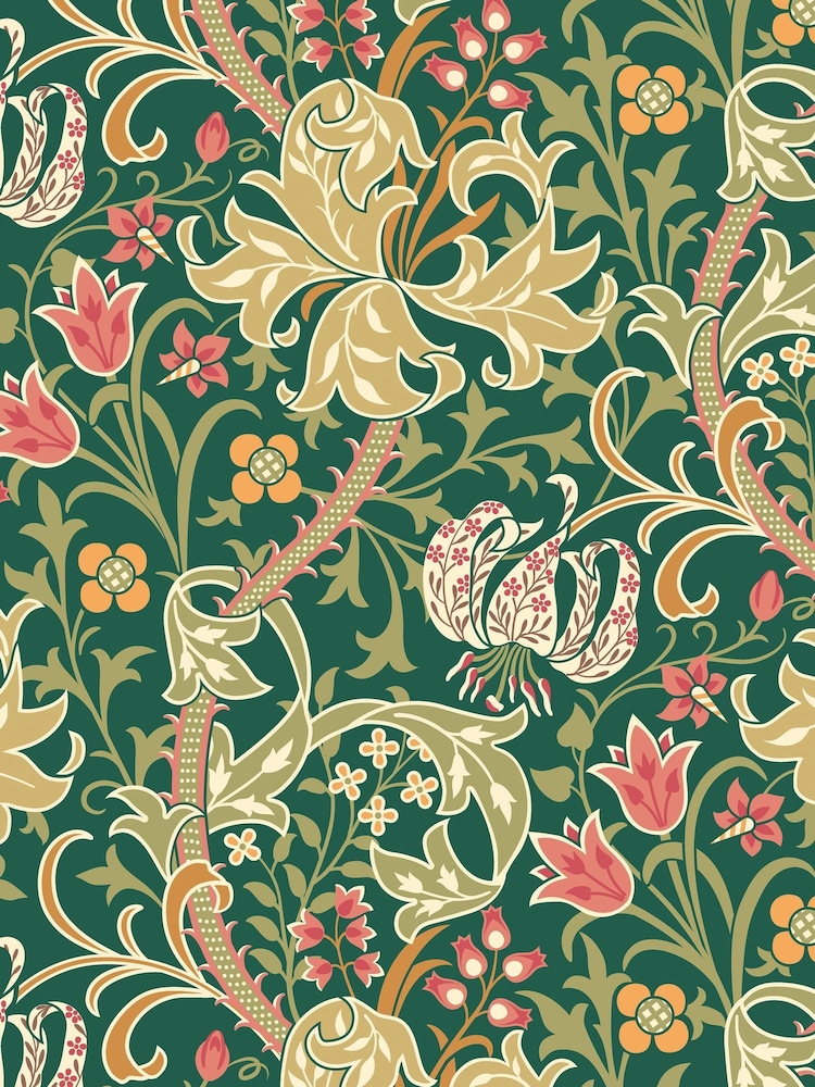Hoopla Walls Forest Green Lily Ogee A4 Wallpaper Sample - Image 1 of 1 Hoopla Walls Forest Green Lily Ogee A4 Wallpaper Sample - Image 1 of 1