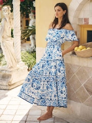 Forever New Blue Ravenna Off Shoulder Tiered Midi Dress with a touch of Linen - Image 1 of 4