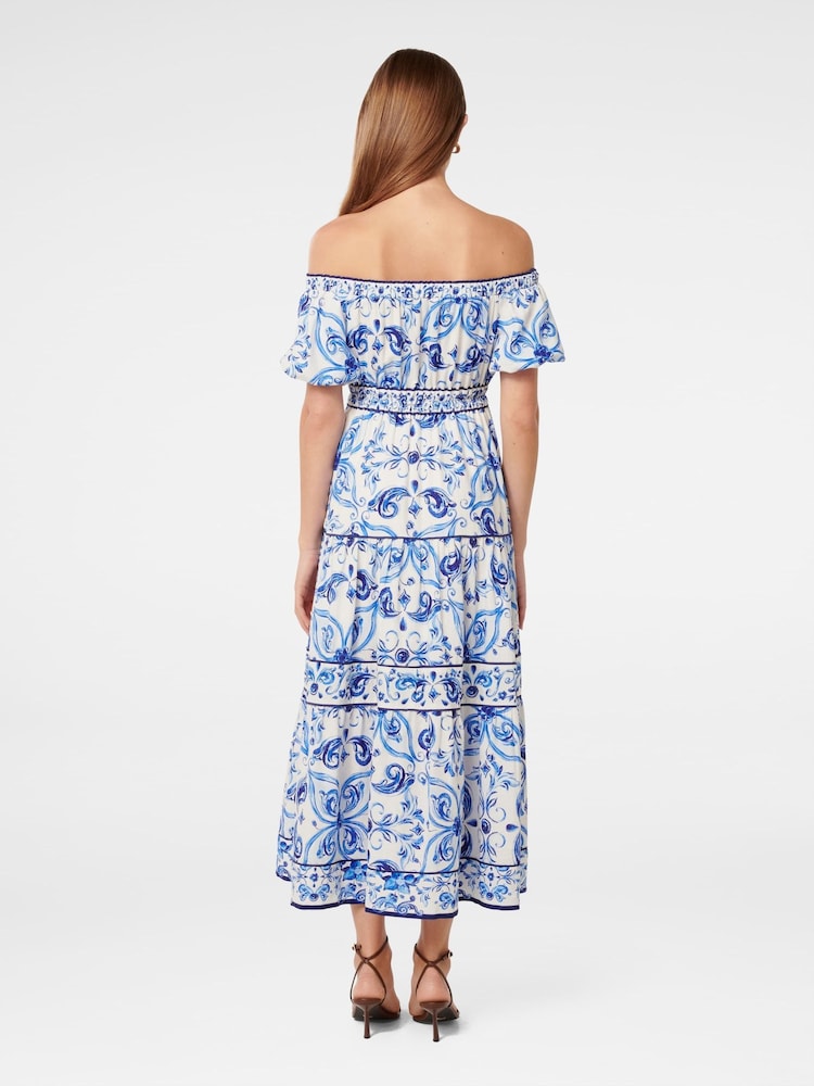 Forever New Blue Ravenna Off Shoulder Tiered Midi Dress with a touch of Linen - Image 2 of 4