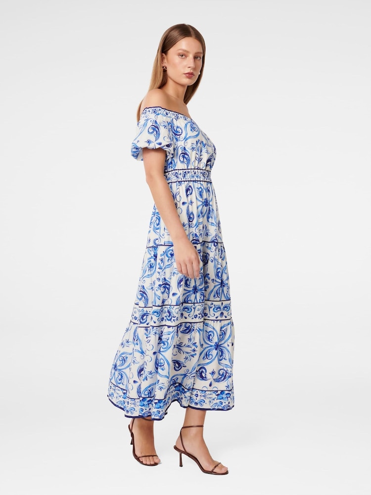 Forever New Blue Ravenna Off Shoulder Tiered Midi Dress with a touch of Linen - Image 4 of 4