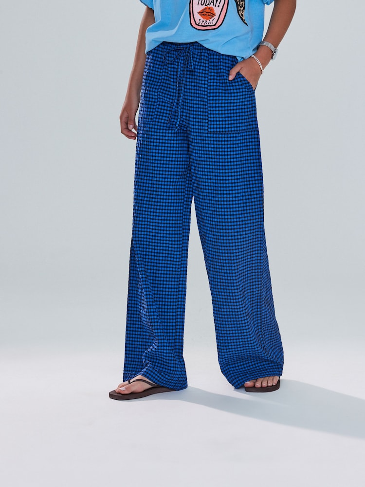 Blue/Black Textured Gingham Wide Leg Trousers - Image 2 of 4