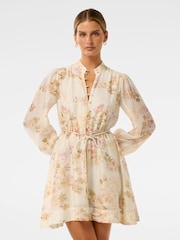 Forever New Cream Rhys Petite Fluted Mini Dress with a touch of Linen - Image 1 of 5