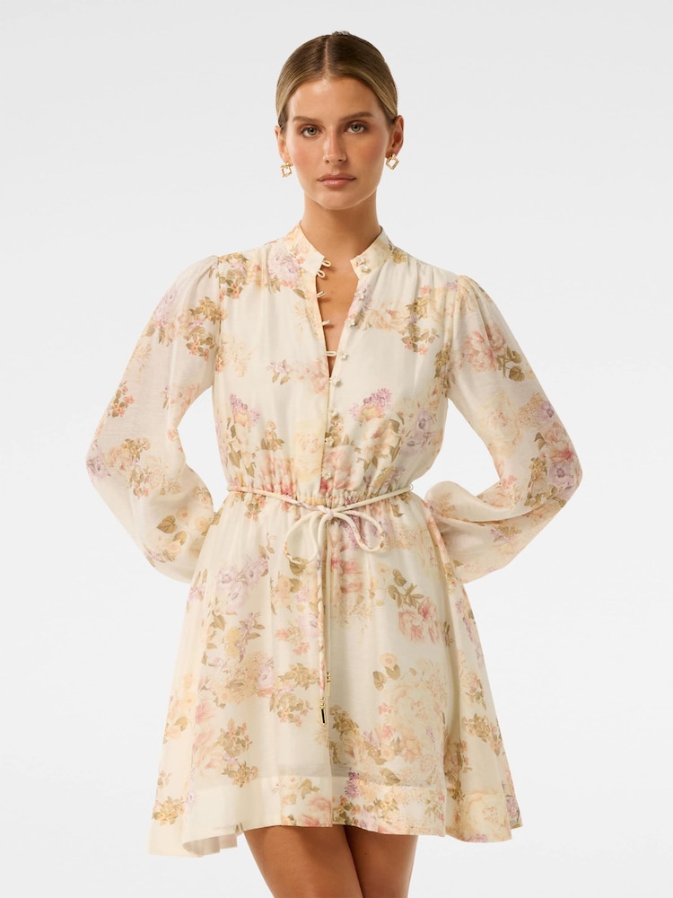 Forever New Cream Rhys Petite Fluted Mini Dress with a touch of Linen - Image 1 of 5