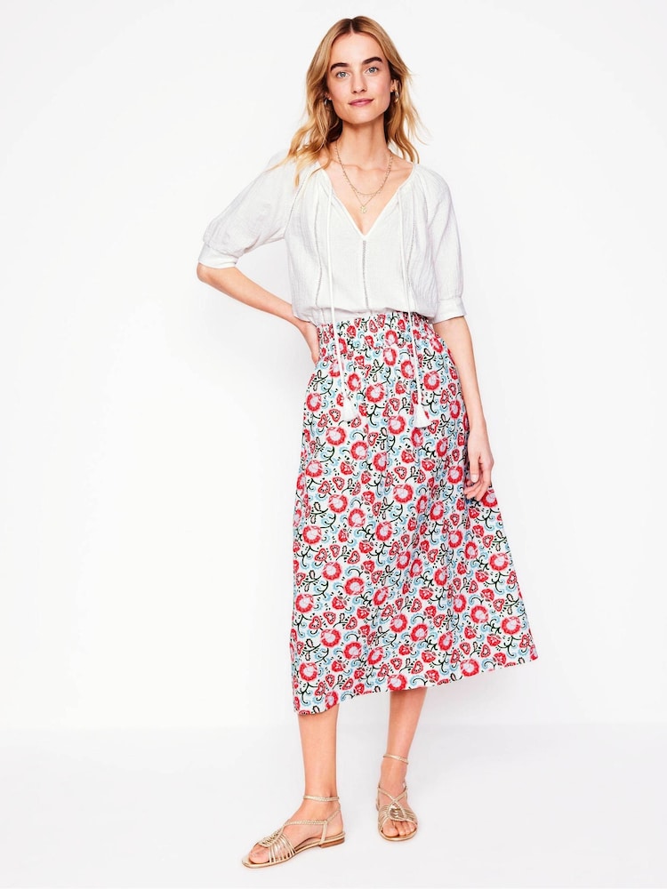 Boden Pink Doublecloth Smocked Midi 100% Cotton Skirt - Image 1 of 5